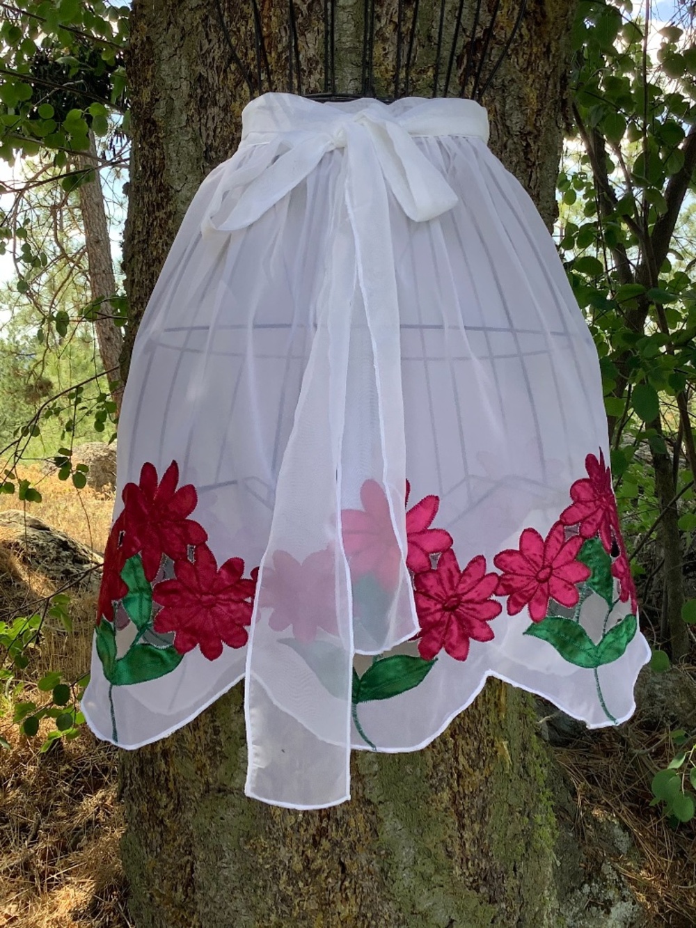 White Sheer Apron with Magenta Pink Flowers Costume Bridal Shower Tea Party XL